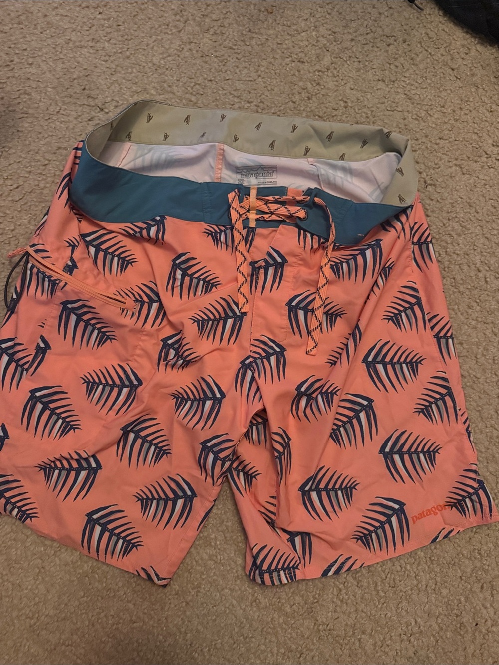 Patagonia Coral Swim Shorts with Navy Palm Print and Teal Waistband